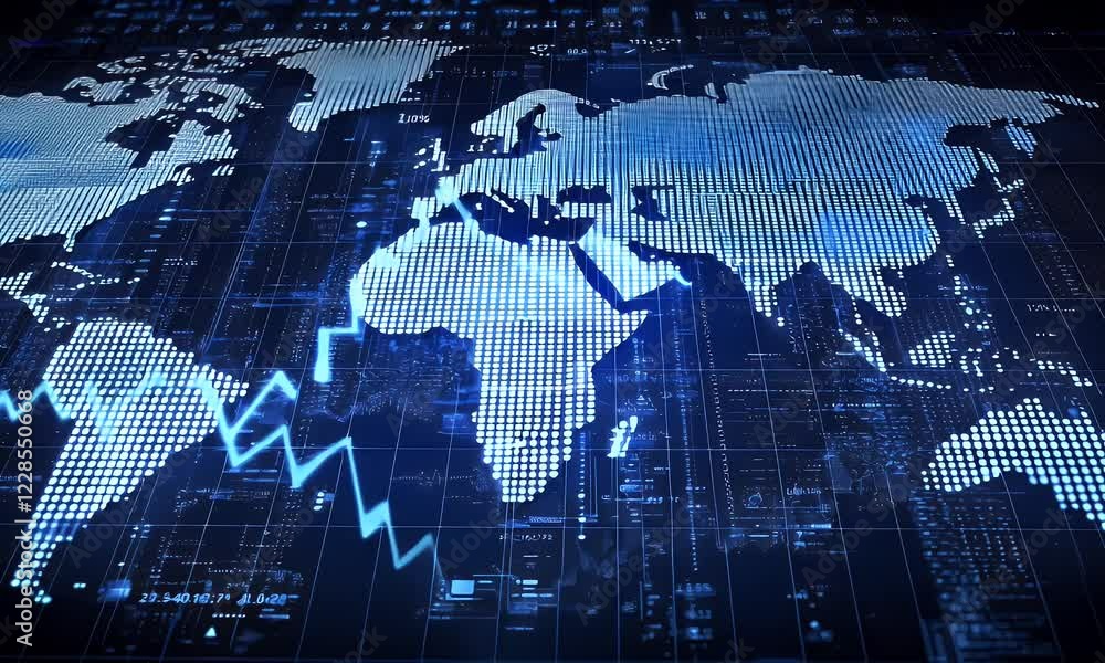Poster global network data flow, digital world map background