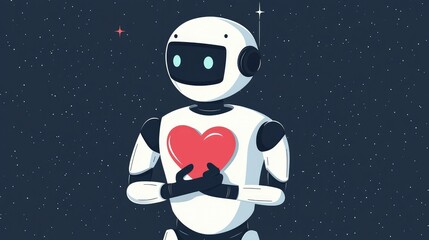 Naklejka premium Cute Robot Character with Heart Emotion in Cosmic Background