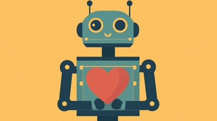 Naklejka premium Cute Robot Holding Heart on Bright Yellow Background Artwork