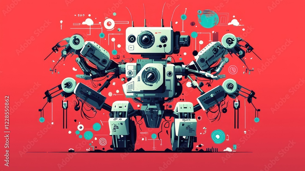 Aufkleber retro robot with multiple arms and eye cameras on red background
