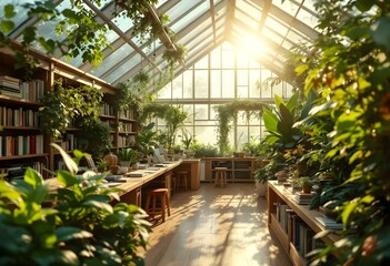Fototapeta premium Sunlit Greenhouse Workspace with Lush Plants and Bookshelves