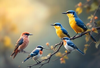 Obraz premium Vibrant Colorful Birds on Branch Nature Photography