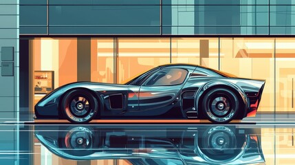 Fototapeta premium Sleek Modern Sports Car Reflecting on Urban Street Architecture