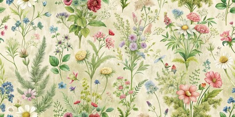 A Delicate and Vibrant Floral Composition Featuring a Diverse Array of Blossoms and Greenery, Arranged in a Seamless Repeating Pattern on a Soft, Textured Background