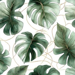 Seamless pattern with green monstera leaves and golden elements in watercolor style