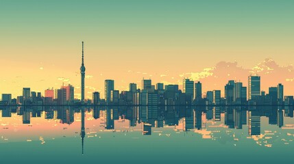 Obraz premium Vibrant City Skyline with Tower Reflection at Sunset in Pastel Tones