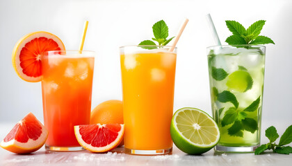 A clean and vibrant composition of fruit juices in glasses, surrounded by zesty citrus fruits and mint leaves for a refreshing, healthy vibe.