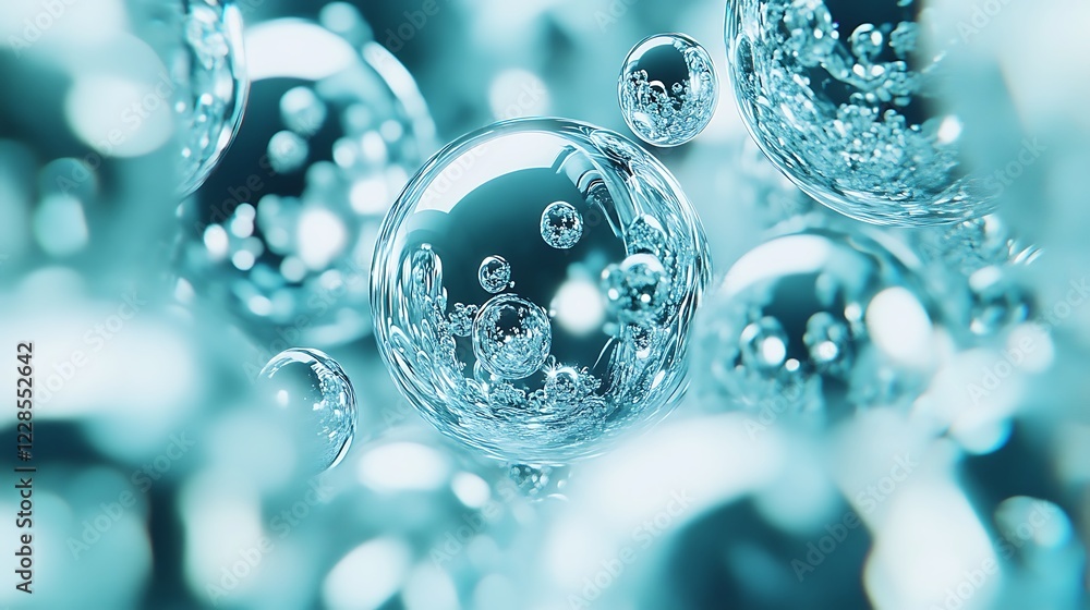 Poster abstract image of many translucent spheres floating in liquid