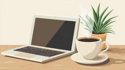 Fototapeta premium Laptop, plant, and coffee cup on wooden table in modern workspace