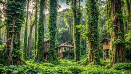 Towering trees with trunks as wide as houses stand sentinel in a lush jungle surrounded by vines and creepers, tropical, forest