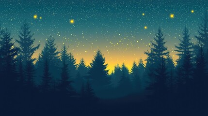 Naklejka premium Serene Night Sky With Stars Over Dense Forest Landscape
