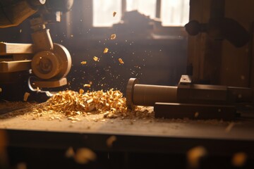 Scene of a well-organized woodworking studio. Featuring a lathe and wood pieces. Highlighting the precision and creativity in woodturning. Ideal for craft and woodworking imagery.