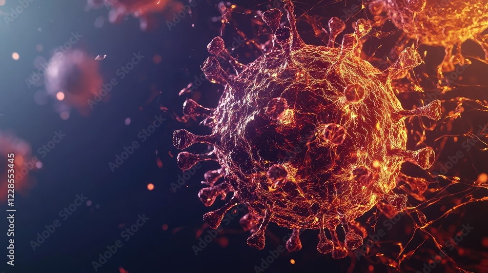 Poster close-up view of virus structure with floating particles in background