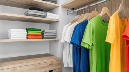 A neatly organized closet showcasing colorful clothing and linens.