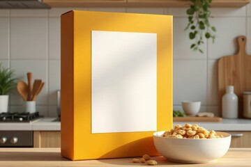 Yellow Cereal Box and Bowl of Crunchy Breakfast Cereal