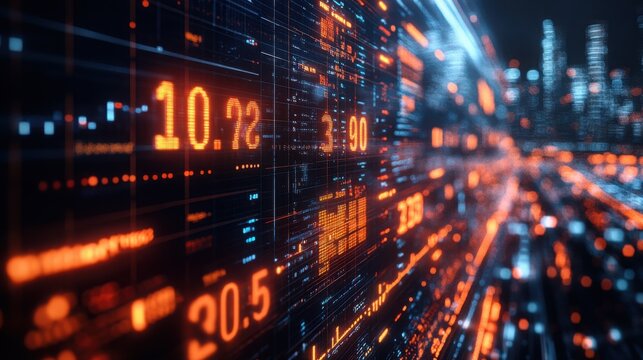 Futuristic Cityscape Data Stream Abstract Digital Numbers and City Lights Background