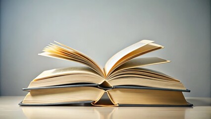 A stack of two open soft cover books with a neutral background and good lighting, showcasing the text pages and binding details, bookshelf, interior design