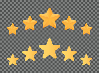 Two sets of five golden stars arranged in ascending order on a transparent background showcasing excellence and ratings. Vector illustration.	