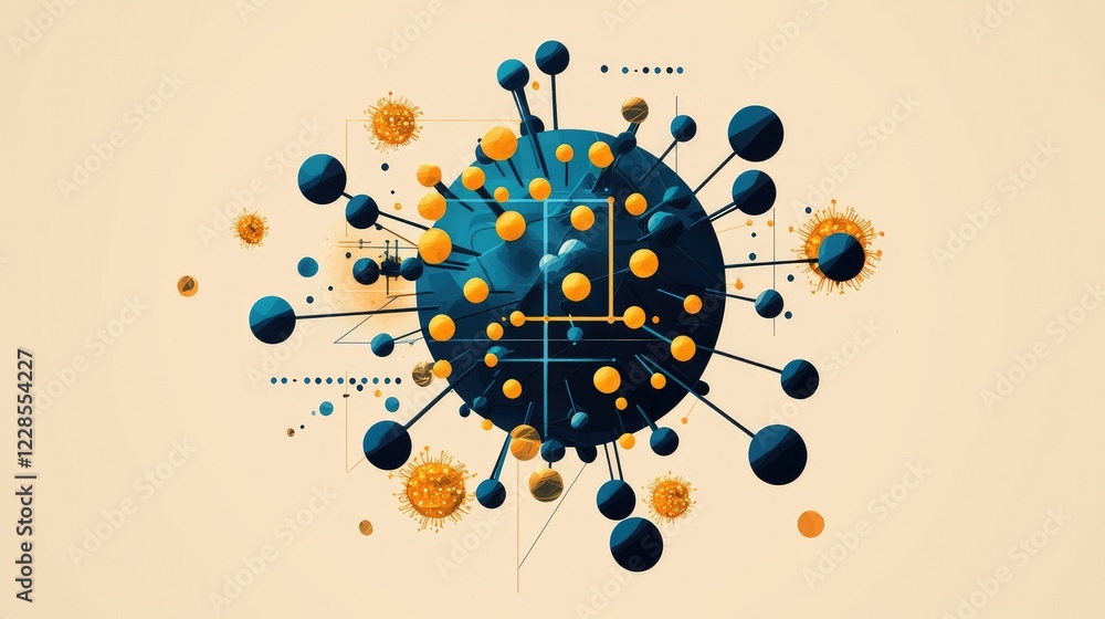 Poster artistic representation of virus structure with colorful elements