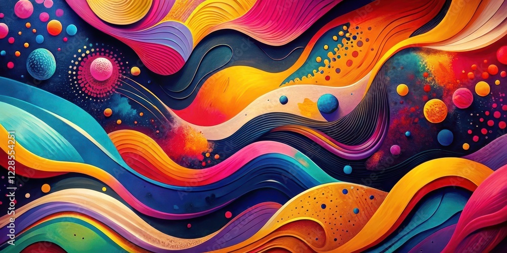 Wall mural abstract colorful waves and spheres a vibrant, dreamlike composition of curving lines and floating o
