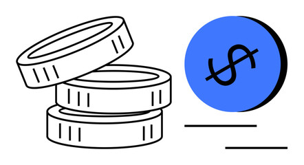 Coins stacked alongside a blue circle with dollar sign, black horizontal lines below. Ideal for financial concepts, economic growth, savings, investment opportunities, wealth management, audit