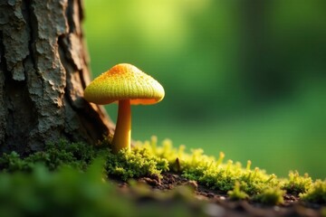 A vibrant yellow mushroom emerges from verdant moss, bathed in the soft glow of sunlight filtering through a forest