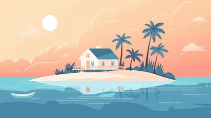 Obraz premium Serene Beach House on Tropical Island with Calm Water Background