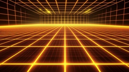 Orange grid, glowing lines, dark background, virtual space, futuristic design, for tech or gaming backgrounds