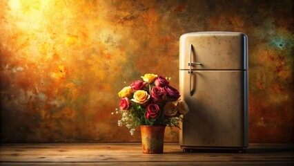 A Rustic Still Life Featuring a Bouquet of Roses and a Vintage Refrigerator Against a Textured Wall