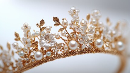 Fototapeta premium Gold, pearl floral crown on white background, soft focus backdrop