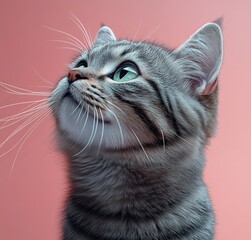 Hyper-realistic portrait of silver tabby cat with green eyes on pink background