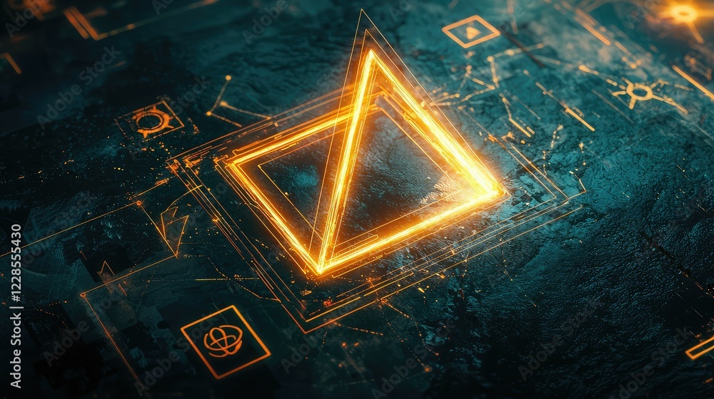 Poster futuristic triangle shape with glowing lines on dark background