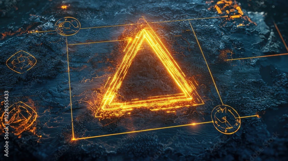 Poster glowing triangle symbol over dark textured background with elements