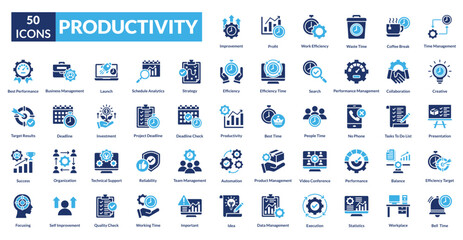 Productivity fill icon collection set. includes strategy, goal, time management, to do list, project, performance, process, profit