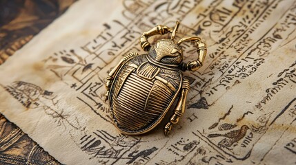 Antique Bronze Beetle Pendant on Ancient Egyptian Papyrus Paper