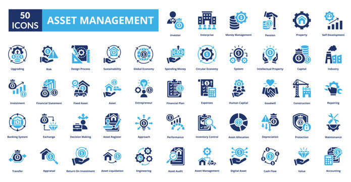 Asset management fill icon collection set. Includes Asset Management, Property, Wealth, Asset, Finance, Investment, Portfolio, Resources, Ownership, Risk, Security, Capital, Growth, Planning