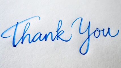 Handwritten thank you note with blue ink on a white background, written in a cursive font style, with a few subtle corrections and erasures visible on the page , cursive script, paper