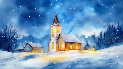 Watercolor painting of a church and a small building in a snowy landscape at night