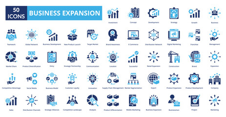 Business expansion fill icon collection set. Includes Business Expansion, Growth, Advancement, Scaling, Market, Development, Globalization, Investment, Success, Expansion Strategy, Increase