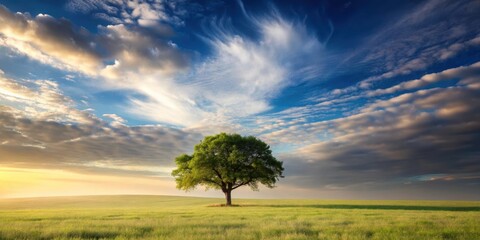 Fototapeta premium A serene landscape with a solitary tree standing tall amidst a vast, empty sky, quiet contemplation, calmness