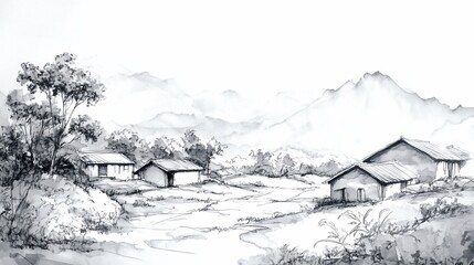 Ink wash painting of a rural landscape with houses, trees, and distant mountains