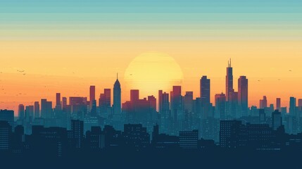 Fototapeta premium City Skyline at Dusk with Vibrant Sunset and Silhouetted Buildings
