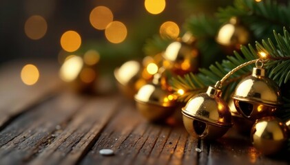 Sparkling golden jingle bell garland on wooden dowel, golden bells,