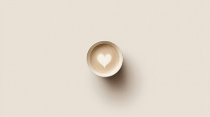 Heart-Shaped Latte Art in White Cup on Beige Background