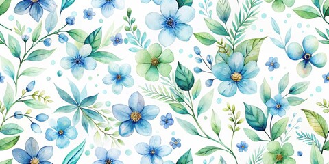 Fototapeta premium Serene Watercolor Floral Pattern Delicate Blue and Green Blooms on a White Background Featuring an Array of Botanical Elements
