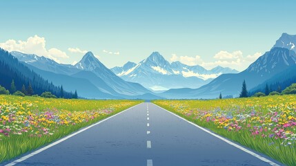 Fototapeta premium Scenic Mountain Road Surrounded by Colorful Wildflowers and Sky