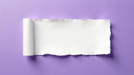 A Rolled-Up Piece of Torn White Paper on a Lavender Background, Ideal for Note-Taking or Messaging