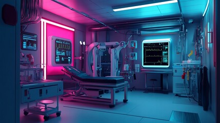 Futuristic Medical Room with Examination Bed and Monitoring Screens in Neon Lighting