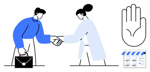 Two people shaking hands, man with briefcase, woman in light blue shirt, open hand gesture, and calendar icon. Ideal for partnership, trust, agreement, business deal collaboration teamwork