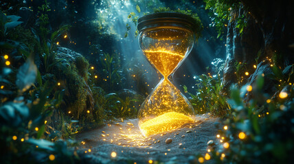 magical hourglass filled with glowing sand in lush forest setting, surrounded by vibrant plants and soft light